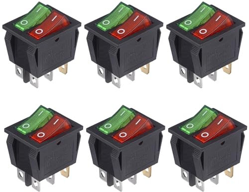 VEXUNGA Interruptor Doble Interruptores Basculante ON OFF 6 Terminales Pulsador Conmutador 15A 250VAC 20A 125VAC con Luz Roja Verde Encendido/Apagado (6 Piezas)