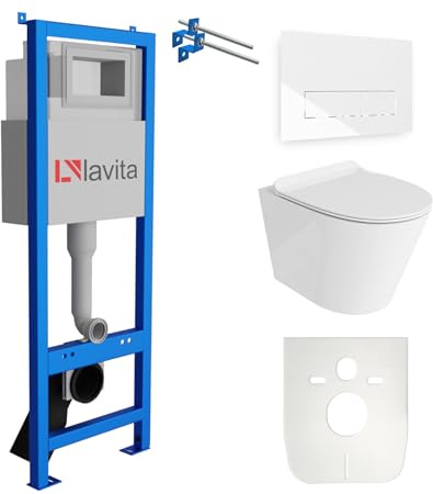 Lavita LAV 101 Vorwandelement für WC 40cm + Wand Hänge Tiefspül WC GALVE Weiß Spülrandlos + Bedienplatte LAV 200.3.1 Weiß + WC Sitz mit Absenkautomatik Unterputz Spülkasten Toilette Komplett Sett WC