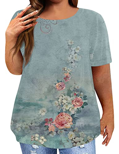 Damen-Oberteile in Übergröße, kurzärmelig, O-Ausschnitt, Tunika, Bedruckt, Sommer-T-Shirts, Bluse Modeschmuck Perlen (Green, XXL)