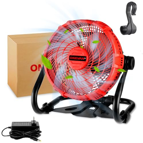 ONEVAN Akku Ventilator 18V für Makita Akkus, 360° Drehbar Akku Lüfter Batterie Ventilator mit Aufhängehaken für den Innen und Außenbereich, Steckernetzteil/18V Akkus (Akku nicht enthalten)