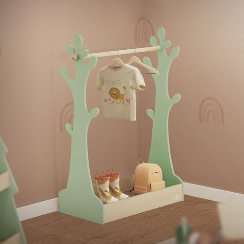 Joyz Appendiabiti per Bambini ad Albero con Ripiano e Asta Appendiabiti 71x30,5x110 cm Beige-Verde Stand Guardaroba per la Cameretta in Legno Appendiabiti in Piedi con Scarpiera per la Ragazzi