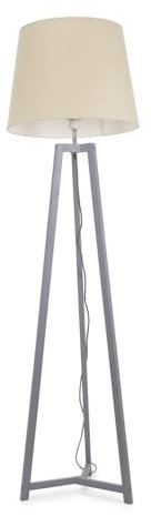 Grey Wood Tripod Floor Lamp with Beige Tapered Fabric Lampshade Living Room Light