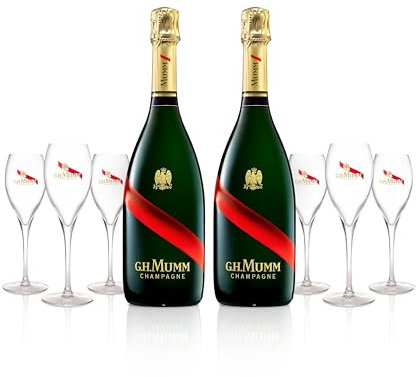 Mumm Grand Cordon Brut Champagne, Pack 2 botellas y 6 copas de regalo, 750 ml