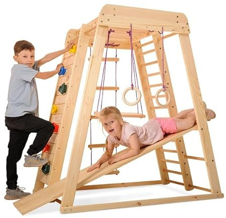 Klettergerüst für Kinder Babystar-Mini Indoor Spielplatz aus Holz mit Rutsche, Kletternetz, Kletterwand & Schaukel – Klappbarer Kletterturm für Kinderzimmer, Montessori Klettergerüst