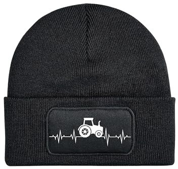 NIMAMA Mütze Beanie Heartbeat Traktor Wintermütze Statement Spruch Print Geschenk Unisex Strickmütze für Herren & Damen - Schwarz