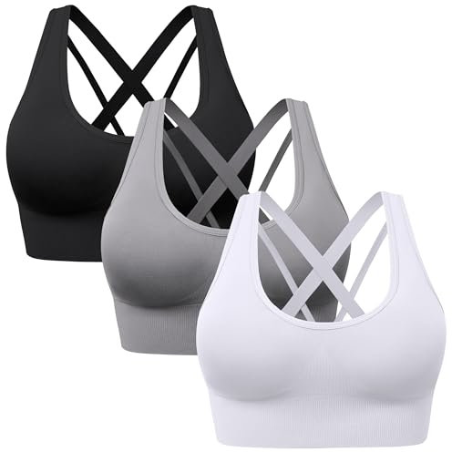 HBselect Sport BH Damen Starker Halt Träger Gekreuzt Rücken Große für Fitness Lauf Yoga Gepolstert Bustier Cross Back Push up BH M Schwarz Weiß Grau