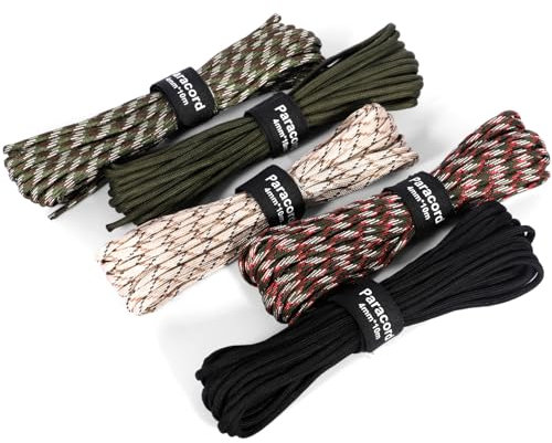 SaiXuan 50M Cuerda Paracord 4mm, 5 Piezas 33ft Cuerda Paracord,Carga Máximade 250kg, 7 Core Strands, Paracord en Nylon, para Supervivencia, Camping, Senderismo, DIY Pulsera Paracord, 5 Colores, 165ft