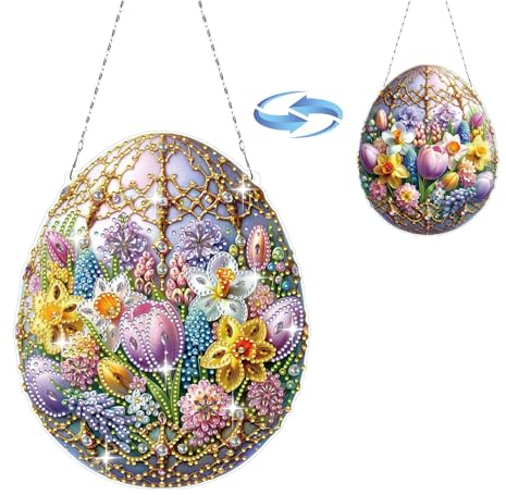 CXINLky DIY Diamond Art Painting Anhänger mit Kette Ostern, Diamant Painting Osterei Blumen Fensterbilder, 5D Diamond Malerei Ostern Wandbehang Kits für Fenster Wand Garten Decor-01-Osterei