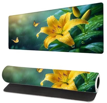 Grand Tapis de Souris XXL 900x400x3mm, Tapis de Souris Gamer Papillon avec Surface en Antidérapant Résistant à l'eau Tapis de Bureau Mouse Pad Fleur, sous Main Souris à Bords Cousus pour Bureau H-7