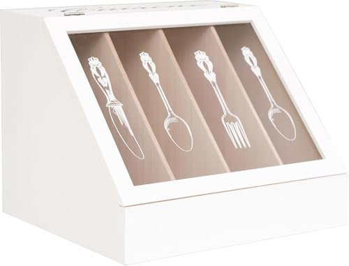 Riyashop Besteckkasten mit Klappdeckel – Rustikaler Shabby Chic Organizer aus Balsaholz, 4 Fächer, 26x30x24 cm – Praktische Besteckaufbewahrung für Küche, Buffet, Party, Einweihung– Cremeweiß/Natur