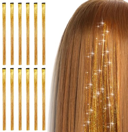 Bighan 12 PCS Glitzer Haarsträhnen Einklipsen Tinsel Hair Clip-in-Extension | Zum Einflechten Haartei, Hitzebeständiges Haarlammetta Buntes Tinsel Haare Extension 19,69 Zoll Haarsträhnen - Gold