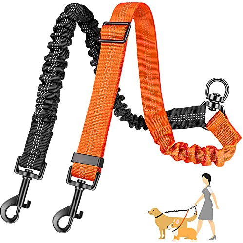 Eyein Doppelte Hundeleine, Verhedderungsfreie 360° drehbare Doppelleinen mit 2 Hunden, Verstellbare reflektierende Splitterleine für kleine mittelgroße und große Hunde, Orange