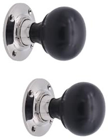 Infinity Decor Victorian Pure Ebony Bun Wooden Mortice Rim Door Knobs on Polished Nickel Rose 60mm – Pull Handles Ideal for Interior & Exterior Use