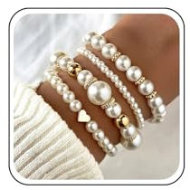 Inateannal Stapelbares Perlenarmband Perlen Stretch Elastisches Armband Set Weiß Perlen Stapelbar Armbänder Perle Herz Kugel Handkette Mehrlagig Armreif Braut Hochzeit Schmuck