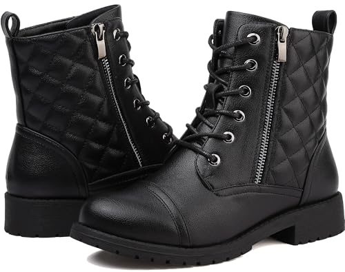 todaysunny Botas Combat Mujer Negras con Cordones Botines Tobillo Impermeables Cremallera Lateral Tacón Bajo Calzado para Caminar Motocicleta Botines