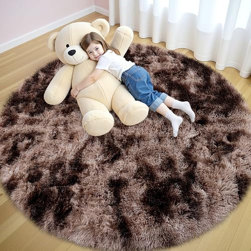 smiry Hochflor Teppich Wohnzimmer, 120cm Rund, Braun | Waschbar Anti-Rutsch Moderner Flauschiger Kuscheliger Teppich für Wohnzimmer, Schlafzimmer, Kinderzimmer