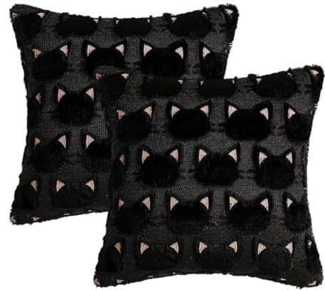 FUFRE Halloween Deko Kissenbezug 45x45, Schwarze Katze Kissen 45x45, Katzen Kissenbezüge, Helloween Deko Innen Kissenhülle, Plüsch Sofakissen für Auto Sofa Schlafzimmer Wohnzimmer (Schwarze Katze A)