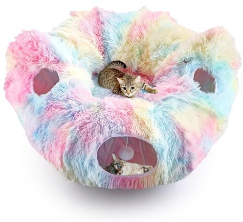 Maxetodo Tunnel per Gatti 3 in 1 Modulare con Letto Morbido Lavabile, Gioco Interattivo con Fori e Palline, Peluche Morbido per Gatti, Conigli e Cani Piccoli, Animali, Colorato