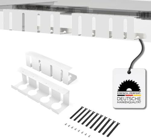 HausFux Kabelkanal-Set aus Metall – 2-teiliges Kabelmanagement für Schreibtische, inkl. Schrauben & Klett-Kabelbinder – Weiß
