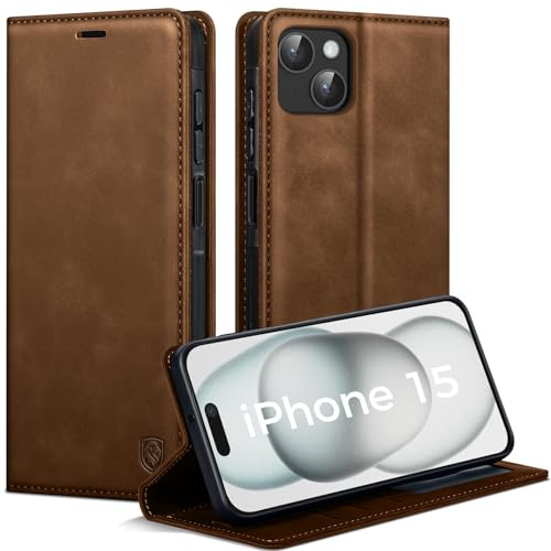 AIMOYU Handyhülle für iPhone 15 Hülle, Premium PU Leder Klapphülle Schutzhülle, Tasche Magnet Kartenfach Standfunktion Flip Case Hülle für iPhone 15, Braun