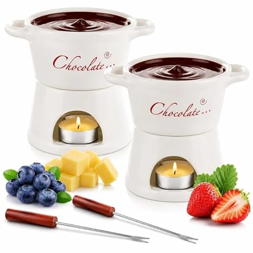 LDHHYH Ceramic Chocolate Fondue Set, 2 Pack Cheese Fondue Sets with Forks, 300ml Butter Fondue Set, Chocolate Fondue Mug for Home Dessert Party Sharing