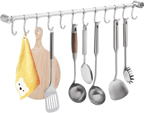 GREENSAPPIRE Stainless Steel Wall-Mounted Utensil Rack – 52cm Kitchen Hanging Rail with 12 Removable Hooks for Pots, Pans & Cooking Tools (1PCS)