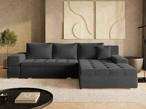 GRAINGOLD Sonia Ecksofa mit Schlaffunktion und Bettfunktion, 310x210 cm, L-Form Sofa, Schlafcouch für Wohnzimmer, Veloursstoff, 4-Sitzer Eckcouch, Ecksofa mit Stauraum (Schwarz)