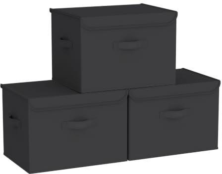 Stackable Storage Boxes with Lids, 3 Pack Large Wardrobe Organiser Black | 37.8L, Foldable Shelf Basket, 3 Sturdy Handles, Fabric Containers for Clothes, Towel, Toy, Office, Bedroom Space Saver XL