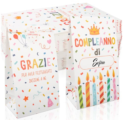 25 Pezzi Sacchettini Compleanno Bambini, Bustine Regalini Fine Festa con Nome Scrivibile e 30 Adesivi Auguri, Sacchetto Regalo in Carta Colorata per Caramelle, Confetti e Gadget, 13×8×24 cm