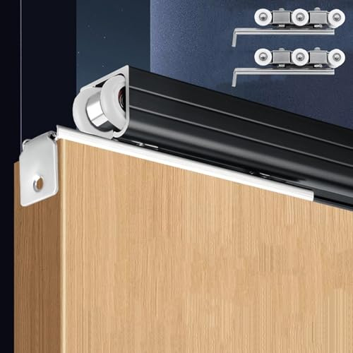 Kit binario per porta scorrevole da soffitto, set di rulli per porta tascabile bypass per porte da fienile da 91 cm, nero a binario singolo, per armadi e armadi
