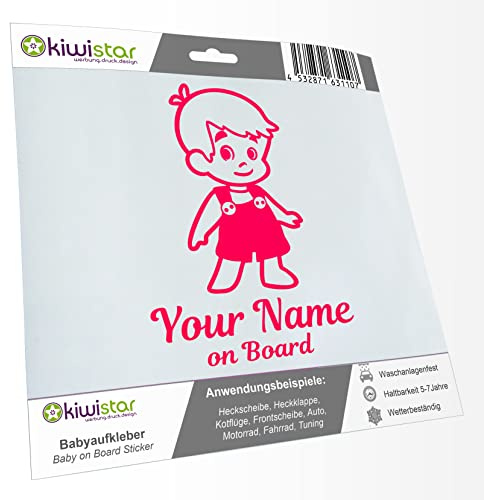 Kiwistar - Babyaufkleber - Neonpink - Junge Latzhose Sticker - mit Wunschtext individuell personalisiert + Baby on Board 15cm - für Auto, Motorrad, Tuning - Aufkleber selbst gestalten