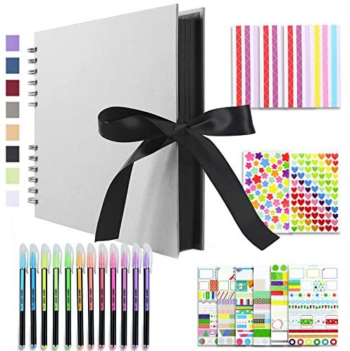 Vienrose Fotoalbum Zum Selbstgestalten 28,5 x 21 cm DIY Fotobuch 80 Seiten Seidenband Bastelpapier Album für 160 10x15 Fotos Baby Familie Valentinstag Geburtstag Jahrestag Geschenk Grau