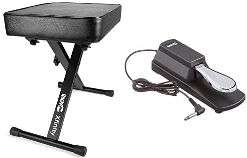 RockJam Banco de Teclado Premium Acolchado Ajustable o Taburete de Piano Digital + Pedal de sostenido Profesional para Pianos Digitales y teclados electrónicos con Interruptor de polaridad
