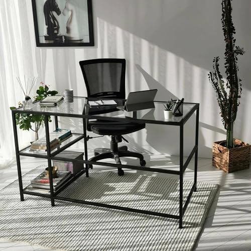 Dmora Bureau Doris, Bureau Multi-usages, Table de Bureau, Porte PC, Plan de Travail, 130 x 60 x 75 cm, Noir, Verre trempé écologique 6 mm, métal