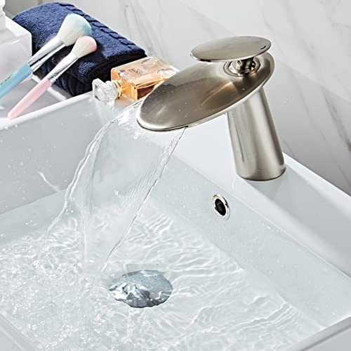 SJQKA Wasserfall Wasserhahn Bad, Waschbeckenarmatur,Wasserhahn Bad Aus Erstklassigem Messing,wasserfall Einhandmischer Für Bad Badezimmer Waschbecken (gebürstete Farbe)