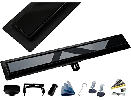 AQUA HEATING linearer Bodenablauf Gehärtetes Glas Edelstahl Matt superflach Komplettset für Badezimmer mit bodengleicher Dusche, Duschrinne Ablaufgarnitur-Set, Duschablauf mit Siphon 80 cm schwarz