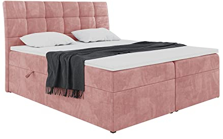 MEBLINI Boxspringbett mit Bettkasten - Gepolstert Doppelbett mit Matratze und Topper - Polsterbett mit Stauraum - Bett mit Kopfteil - Stauraumbett - Drago - 140x200 - H3/Rosa Samt