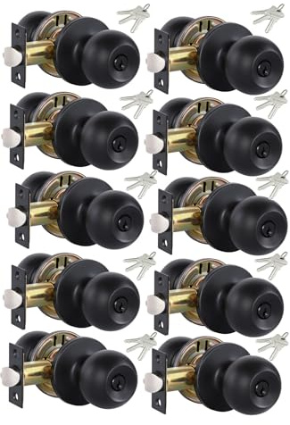 Lanwandeng (10 Pack) Black Door Knobs with Lock and All Keys Alike, Interior/Exterior Door Knob for Bedroom or Bathroom, Entry Door Locks