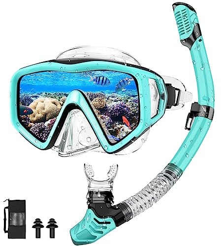 Schnorcheln Set Erwachsene, Schnorchelset mit Taucherbrille und Trocken Schnorchel, Wasserdicht Anti-Fog/Anti-Leck Schnorchelmaske aus Gehärtetem Glas zum Schnorcheln, Schwimmen und Tauchen