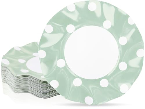 ZVK Platos de Papel, 23cm 48 piezas Set de Platos de fiesta Vajilla de Fiesta Desechables Verde, Puntos, Ondulados
