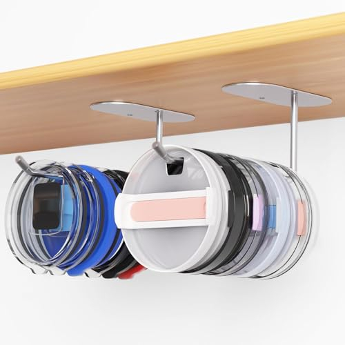 Eeiiey Tumbler Lid Organizer,Self-Adhesive Under Cabinet Mount,Holds Multiple Lids,Self-Adhesive or Drilling Space Saving Tumbler Lid Hook,Tumbler Lid Hanger for Kitchen Cabinets Organization (2 Pcs)
