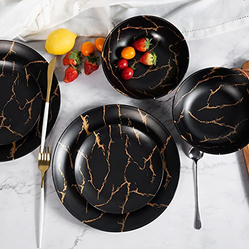 Melamine Dinnerware Sets 12 Pcs, Melamine Plates, Party Plates and Bowls Sets, Camping Dishes Set for 4, Unbreakable, BPA Free, Dishwasher Safe Black Marble Design Black dinnerware sets