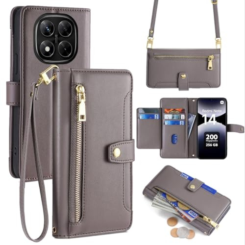 betterfon Handykette kompatibel mit Xiaomi Redmi Note 14 Pro 4G | Leder Handyhülle mit Kartenfächern | Handyhülle zum Umhängen | Grau