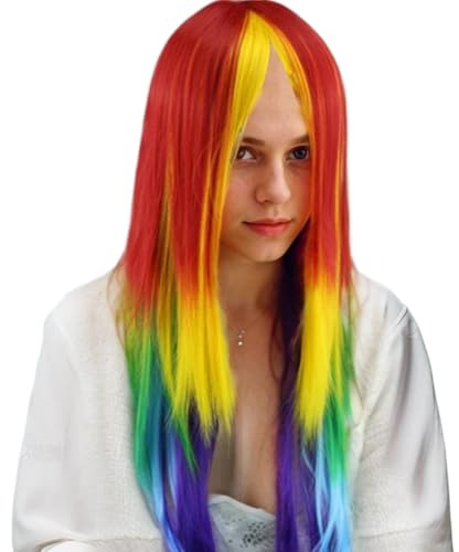 Rainbow Dash Cosplay -Perücke - 27,5 lange, gerade synthetische Haar Perücke mit Pferdeschwanz für Anime-, Cosplay- und Kostümpartys