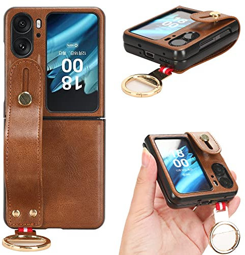 Compatible with Oppo Find N2 Flip Case Cover,PU retro cell phone case with wrist strap Compatible with Oppo Find N2 Flip 5G Case Brown