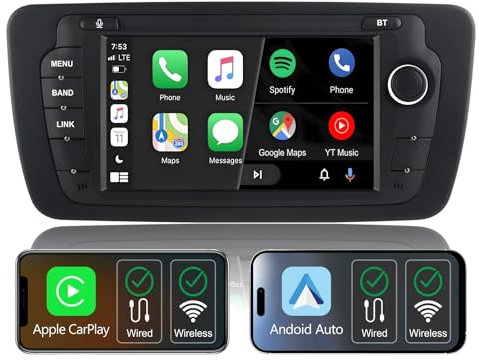 Kabelloses Carplay Radio für Seat Ibiza 6j 2009-2014,7 IPS Touch Bildschirm,Seat Ibiza 6j Radio unterstützt Android Auto & Mirrorlink,Original-SWC,Bluetooth,Mic,AM FM RDS,USB,DSP/Subwoofer,Navigation