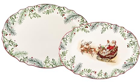 Bico Santa On The Way 16 plus 14 inch Scalloped Oval Platters Set, Set of 2, Microwave and Dishwasher Safe, for Serving Fish, Chicken, Turkey
