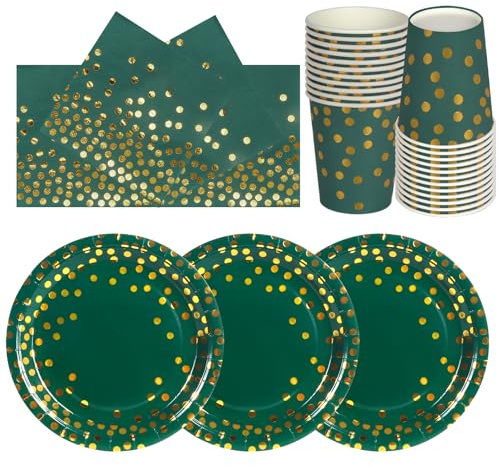 PYAILI 72 Pcs Or Vert Foncé Anniversaire Vaisselle de fete 24 Invités | Party Assiettes en Papier Set Assiettes de Fête Jetables Papier Tasses Serviettesr, pour Barbecue les Fêtes les Pique