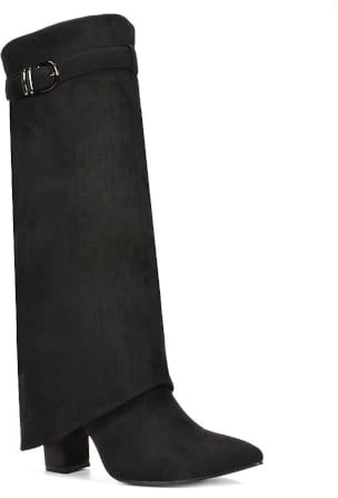 ESSEX GLAM Women's Fold Over Knee High Boots Ladies Black Faux Suede Pointed Toe Buckle Block Heel Size 4