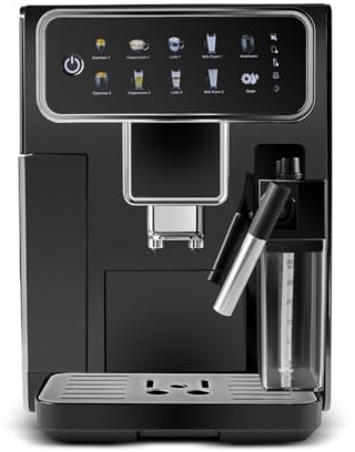 KARACA CoffeeMaestro Automatic Espresso Coffee Machine, 1500W, 1,5L, Integrated Milk Frother, Touch LED Display, Large Water Tank & Cup Warmer, Grinder, Black
